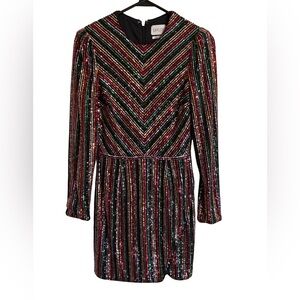 Saylor - Black & Metallic Rainbow Sequin Striped Long Sleeve Dress Sz XS
